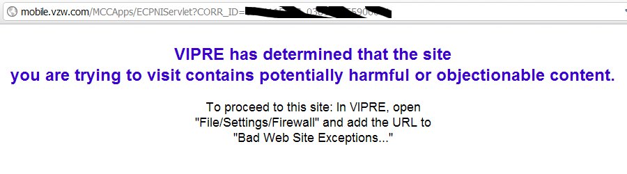 Vipre warning on VZW.com